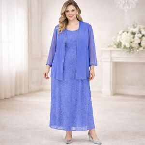 MARINA By Marina Bresler Dress Beaded Formal Gown & Sheer Jacket Periwinkle Blue